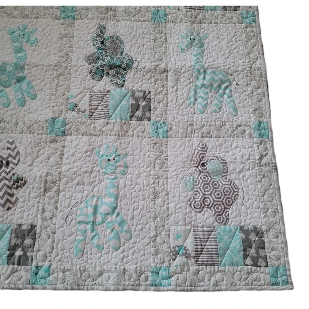 Handmade Baby Quilt Pillow Blue Gray White Elephant Giraffe Applique Nursery Art